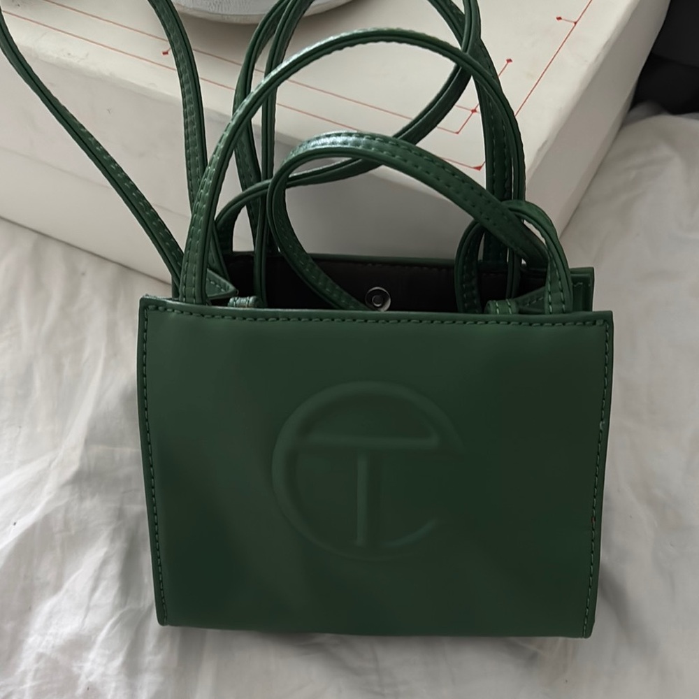 Telfar Green Mini Bag with Embossed Logo and Long Handles